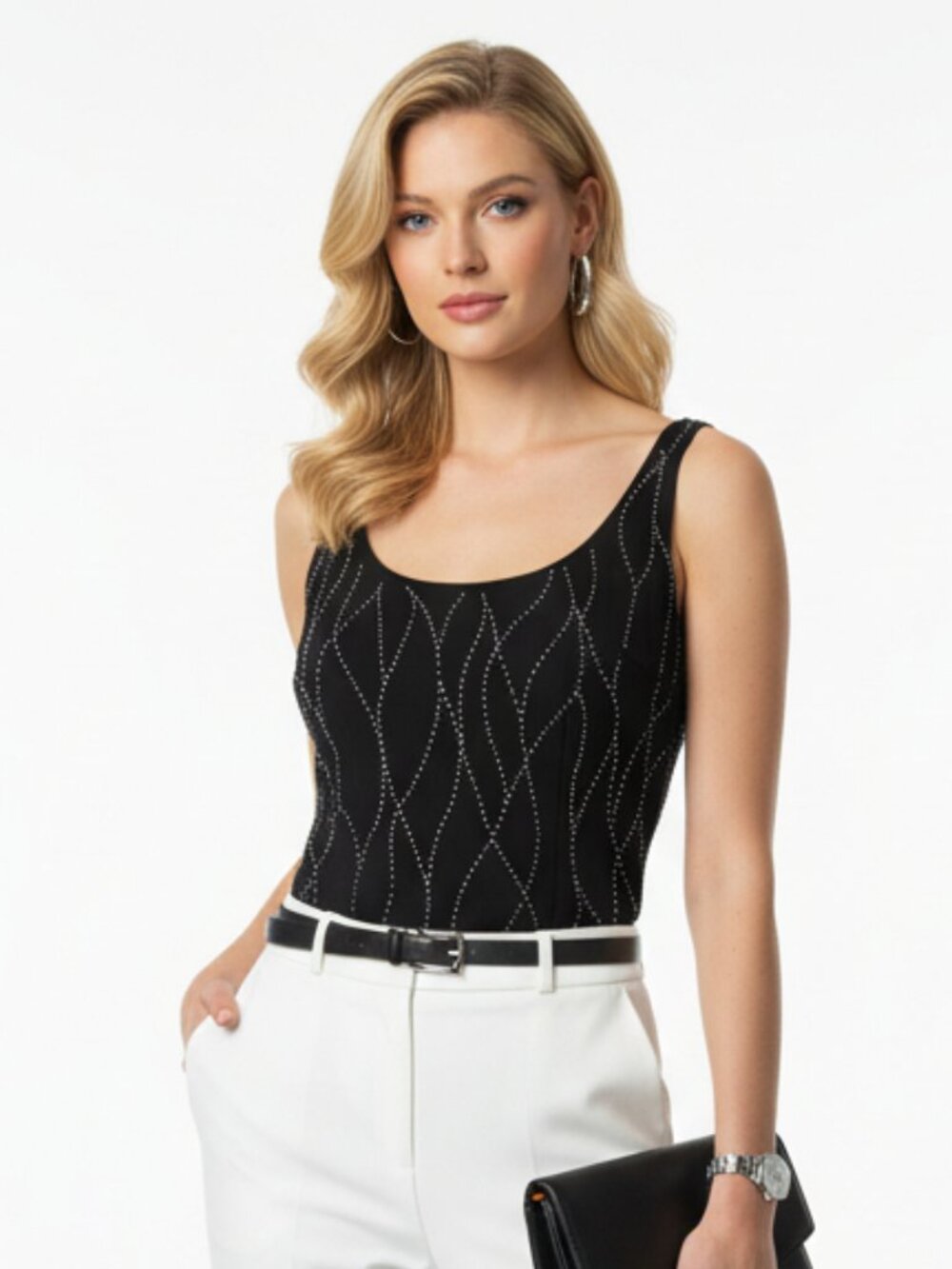 Lane Davis Black Rhinestone Trim Sleeveless Cropped Tank Top 12